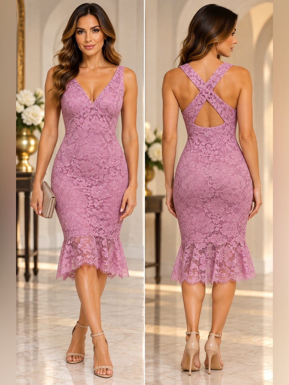 Guess Lilac Purple Pinkish Floral Lace Criss Cross Back Midi Dress L